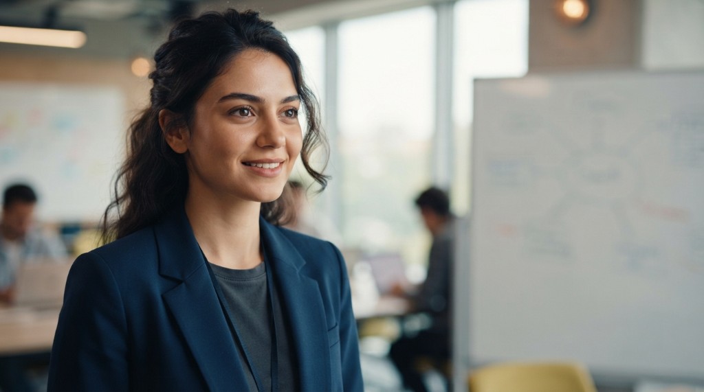 A professional in a navy blazer standing in an office